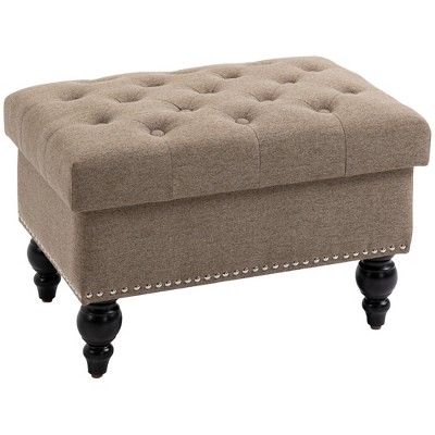 HOMCOM 25" Storage Ottoman with Removable Lid, Button-Tufted Fabric Bench for Footrest and Seat with Wood Legs, Brown