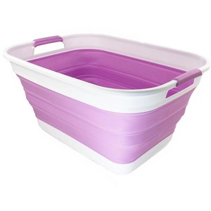 SAMMART 27L (7.1 Gallons) Collapsible Plastic Laundry Basket with Handles, White/Pale Purple - 1 of 4