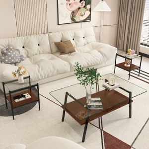 FONTOI Coffee Table Set of 3 with Glass Tabletop&Layer, Modern Table for Living Room Bedroom Office, Clear&Brown, 22.84"*16.73"*38.58" - 1 of 4