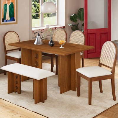 VYNXARIA Modern Double Pedestal 6-Piece Dining Table Set, 4 Upholstered Rattan Back Dining Chairs and Bench for 6