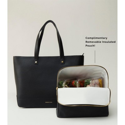 Black Faux Leather Tote with Insulated Pouch