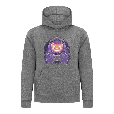 Everyday Kids Halloween Pullover Hoodie – Gamer Pumpkin with Headphones and Controller – Cozy Fall Sweatshirt for Boys, Charcoal Gray