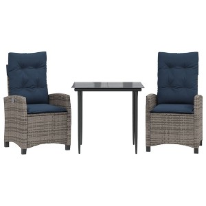 vidaXL 3-Piece Patio Dining Set - Gray Poly Rattan with Navy Cushions and Glass Top - Adjustable Backrest - for Outdoor/Garden - 1 of 4