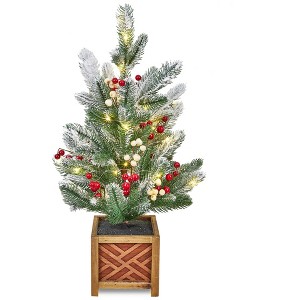 24 Inch Small Christmas Tree, Prelit Tabletop Mini Christmas Tree with Wooden Base, with Red and White Berries, Holiday Decoration for Home Table - 1 of 4