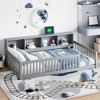 Gulches Twin XL Size Wood Floor Bed with Storage Cabinets, USB Ports & Semi-Enclosed Fence, Gray - 2 of 4