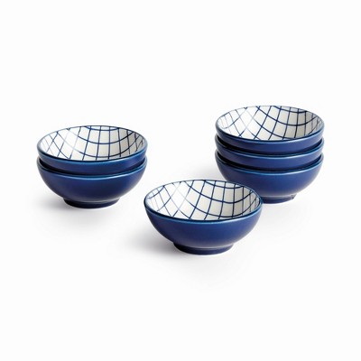 Plum & Post Stria Grid Dip Bowls, Set of 6 - Dark Blue/White Ceramic