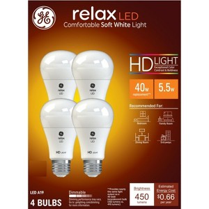 GE 4pk 40W Relax A19 LED Light Bulbs Soft White: 40W Equivalent, Dimmable, Energy Star Certified, 450 Lumens, E26 Base - 1 of 4