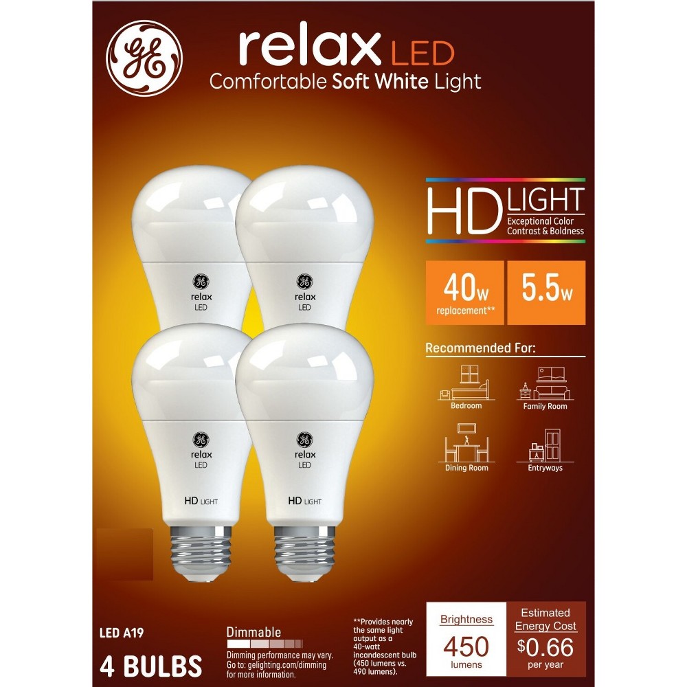 Photos - Light Bulb General Electric GE 4pk 40W Relax A19 LED  Soft White: 40W Equivalent, Dimmable, Energy Star Certified, 450 Lumens, E26 Base 