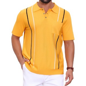INSPIRE CHIC Men's Striped Knit Chest Pocket Short Sleeve Golf Polo Shirts - 1 of 4