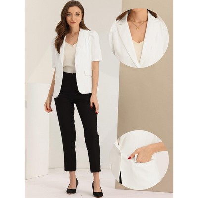 INSPIRE CHIC Women's Lapel Collar Buttoned Summer Work Office Short Sleeve Casual Blazer Jacket White Small — фото 2