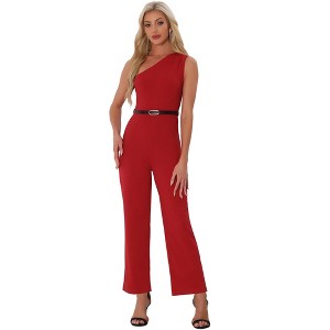 Allegra K Women's One-Shoulder Dressy Sleeveless Belt Wide Leg Rompers - 1 of 4