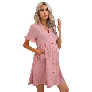 Clearlove Summer Dress Casual Lantern Sleeve V Neck Button Dress Swing Flowy Maternity Dresses - 1 of 4