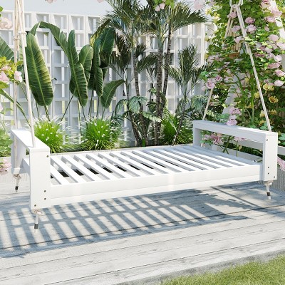 Twin Size Porch Swing Bed Seating Group, Patio Swing Acacia Wood Frame With Ropes, Swings Chair Supporting Up To 400Lbs-Cuddlewood