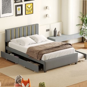 Queen Size Upholstered Platform Bed with 2 Drawers and 1 Trundle, Classic Metal Strip Headboard Design 4B - ModernLuxe - 1 of 4