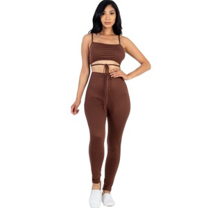 Slickblue Women's Tie Front Cut Out Jumpsuit in Stretch Jersey - Downtown Brown/Olive Branch, Size S-L - 1 of 4