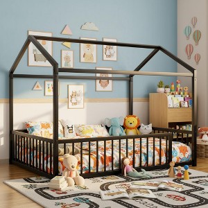Polibi Montessori Metal House Floor Bed Frame with Full Fence Guardrails - 1 of 4
