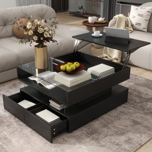 Lift-Top Coffee Table with LED, 2 Drawers & Glass Top, Square Cocktail Table High-Gloss Sofa Side Table Storage Center Table, White/Black - ModernLuxe - 1 of 4
