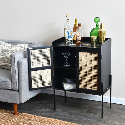 Black and Natural Solid Wood Bar Cabinet with Woven Cane Doors