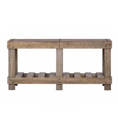 Vynxaria 62.9" Solid Cedar Wood Vintage Entryway Table Metal Accents, 4.5" Thick Top, Storage Shelf, Multi-Scenario Use
