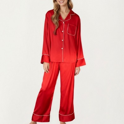 Anna-Kaci Lounge Women's 2-Piece Set Satin Long Sleeve Button-Front Pajama Top and Relaxed Fit Pants