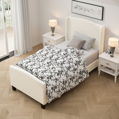 Kumasinova Queen/Twin/King Size Teddy Velvet Upholstered Bed Frame,Platform Bed with 49.21"High Back Headboard,12 Wood Slat Support,White