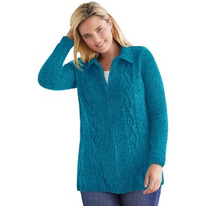 Woman Within Plus Size Chenille Zip Cable Cardigan - 1 of 4