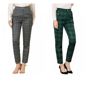 INSPIRE CHIC Women's Vintage Tartan Plaid Elastic Waist Straight Long Trousers 2 Packs - 1 of 4