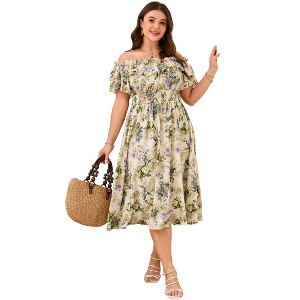 Plus Size Dress for Women Off Shoulder Floral Print Shirred Square Neck Puff Sleeve Dress Dresses for Women - 1 of 4