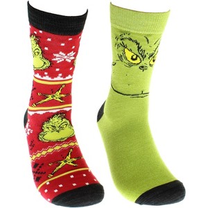 Dr Seuss GRINCH Grinchmas Adult Holiday Crew Socks 2 Pair Green - 1 of 4
