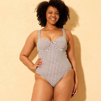 Shade & Shore Women's Pucker Houndstooth Underwire Medium Coverage One Piece Swimsuit - Shade & Shore™ Brown L — фото 4