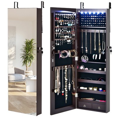 Wall/Door Mounted Jewelry Cabinet Full Screen Mirror Armoire Organizer w/ 6 LEDs