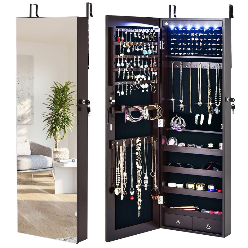Wall/Door Mounted Jewelry Cabinet Full Screen Mirror Armoire Organizer w/ 6 LEDs, 1 of 11