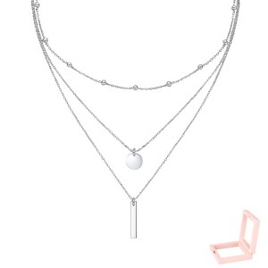 Silver-Tone Layered Necklace Set with Disc & Bar Charms, Minimalist Multi-Layer Jewelry for Women, Daily & Styling Occasions - 1 of 4