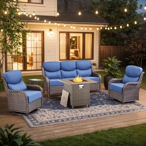 Buenhomino 5Pcs Patio Furniture Set with Fire Pit - Wicker Patio Conversation Set with Swivel Glider, Wicker Sofa, Tempered Side Table,6-inch Cushion - 1 of 4