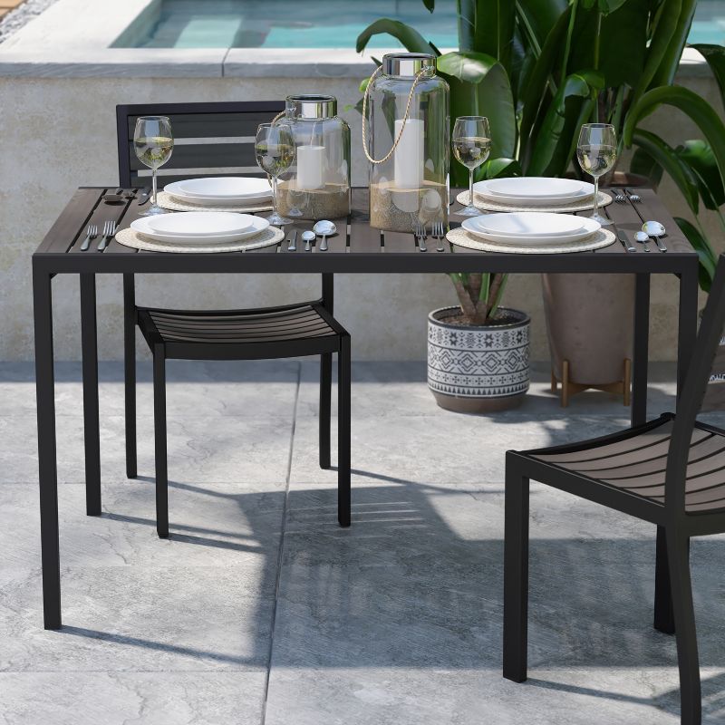 Flash Furniture Lark Outdoor Dining Table with Synthetic Gray Wash Teak Poly Slats - 30" x 48" Steel Framed Restaurant Table with Umbrella Holder Hole, 3 of 11