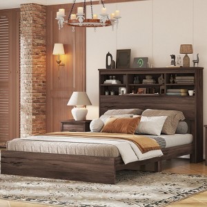 NicBex Queen Vintage Wood Platform Bed Frame with Storage Headboard and Charging Station,No Box Spring Needed,White/Walnut/Gray - 1 of 4