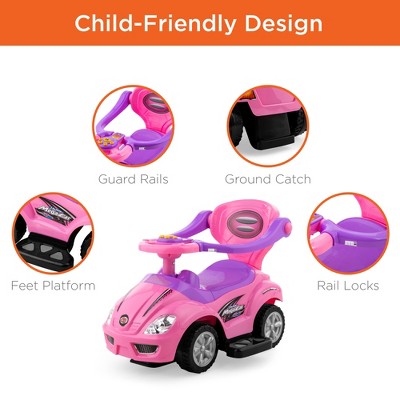 Pink and Purple 3-in-1 Kids Push and Pedal Ride-On Car