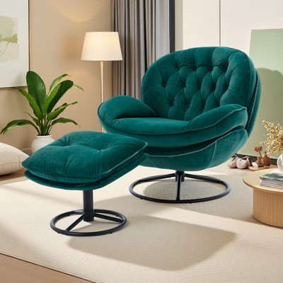 Velvet Swivel Accent Chair with Ottoman and Metal Frame