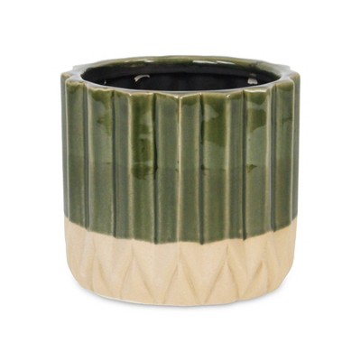 Cheung's Cadeon Blossom Design Round Ceramic Pot with Textured Base- Large - Dark Green