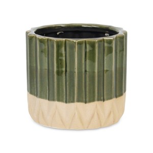 Cheung's Cadeon Blossom Design Round Ceramic Pot with Textured Base- Large - Dark Green - 1 of 3