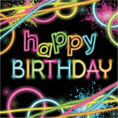 48ct "Glow Party" Happy Birthday Napkins: Neon Kids Birthday Lunch Napkins, Multicolor, 6.5" Square, Creative Converting