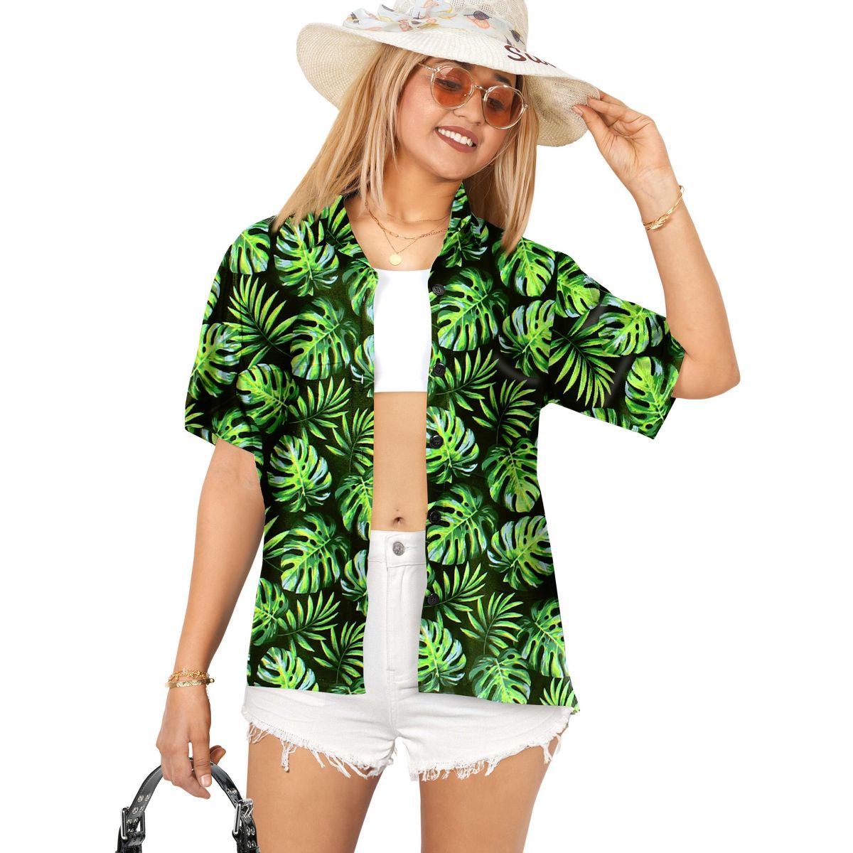 HAPPY BAY Hawaiian Shirts Womens Button Down Holiday Short Sleeve Womens Button Up Blouses Party Tropical Vacation Versatile Shirt XXL Green,Leaf