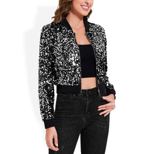 Anna-Kaci Women's Sequin Bomber Jacket with Striped Ribbed Trim and Zip Front - 1 of 4