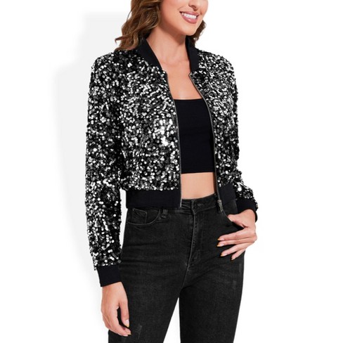 Anna-Kaci Women's Sequin Bomber Jacket with Striped Ribbed Trim and Zip Front - image 1 of 4