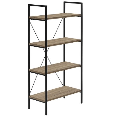 Contemporary Black Beige Metal Wood 4-Tier Bookshelf