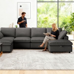 Vipbear 130" Faux Leather Couch with Movable Ottoman Storage,4 Seater U-Shaped Sofa,Comfy Mid Century Modern Modular Sectional Couch for Living Room - 1 of 4