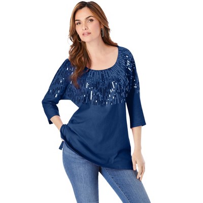 Roaman's Women's Plus Size Three Quarter Sleeve Embellished Tunic