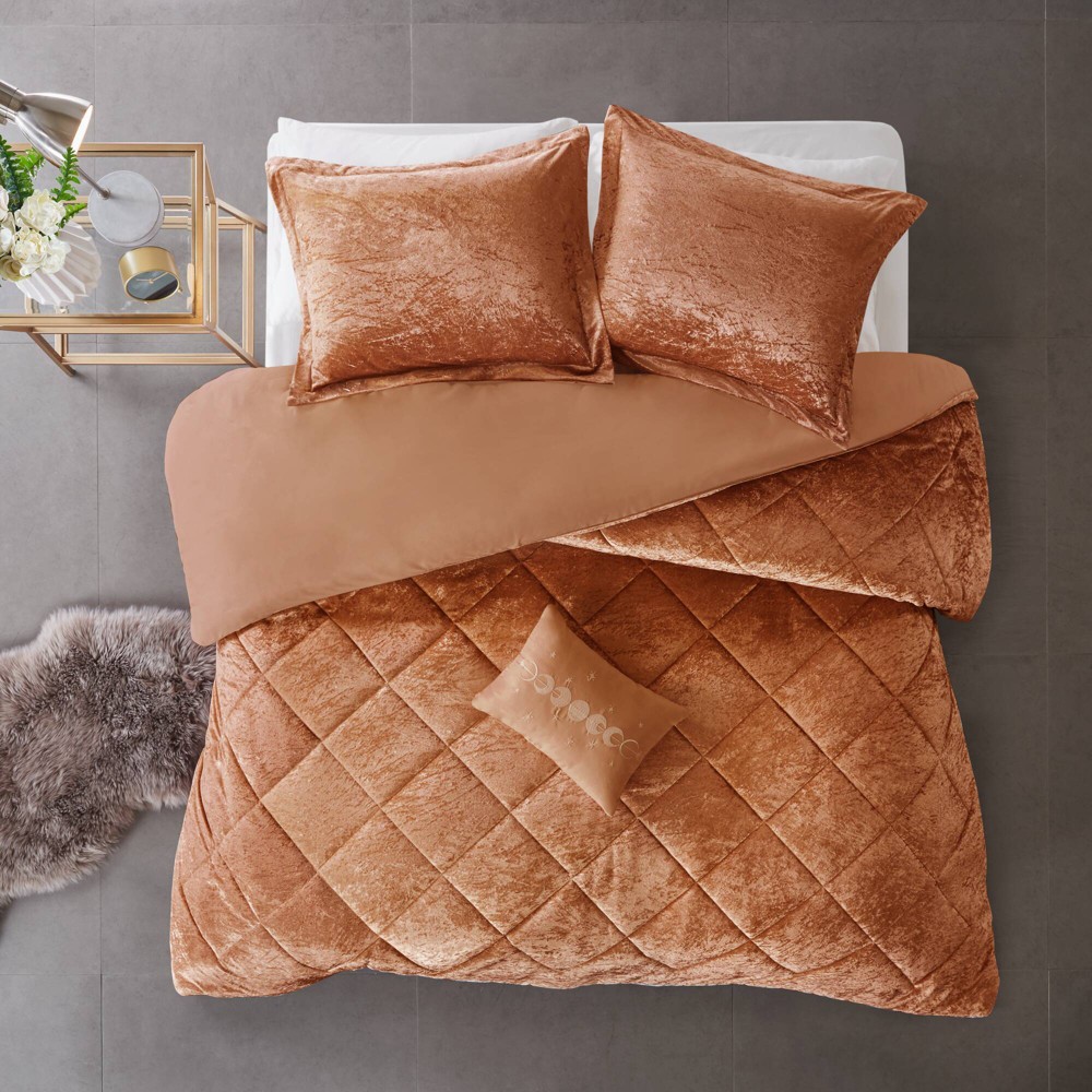 Intelligent Design King/California King Alyssa Velvet Microfiber Soft Duvet Cover Set with Throw Pillow Rust: Luxury Glam Bedding, OEKO-TEX Certified