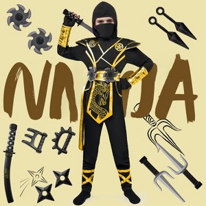 Joyfy Halloween Ninja Costume for Kids Black Golden Ninja Dragon Jumpsuit Set – Boys Halloween Dress-Up & Role-Play Party Outfit - 1 of 4