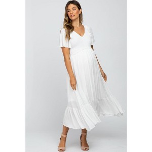 Pinkblush Ivory Smocked V-Neck Maternity Midi Dress - 1 of 4